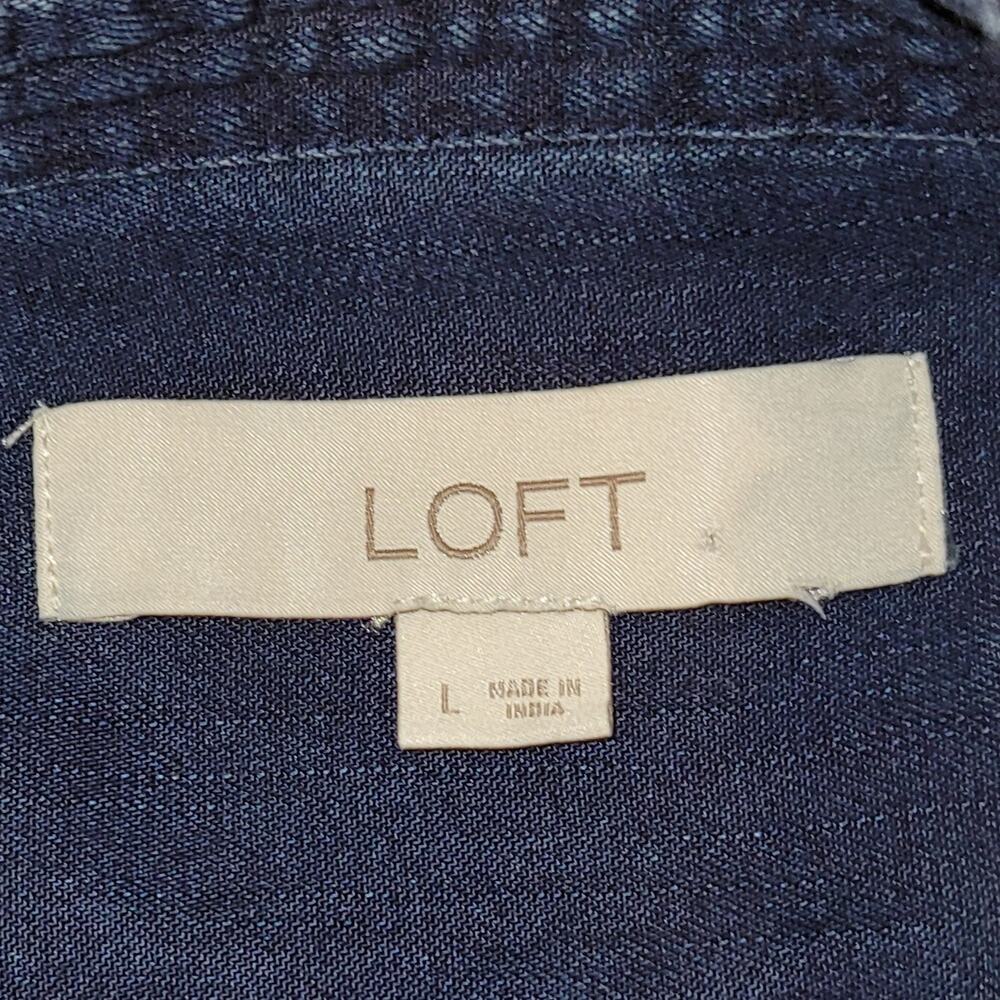 LOFT Chambray Ruffle Blouse Boho Cottagecore Relaxed Peasant Blue Top L Spring - Picture 10 of 13